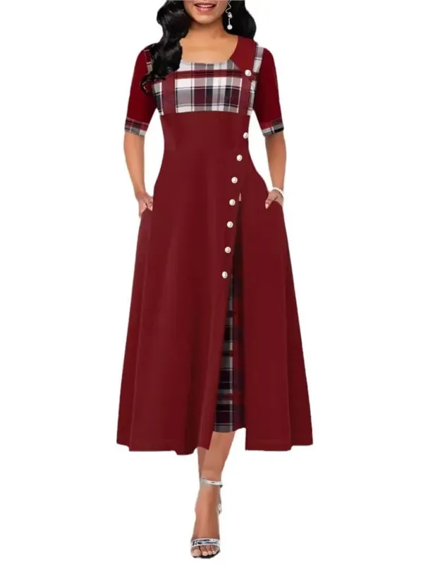Robe longue en Patchwork de treillis irrégulier pour femmes, Vintage, boutons, col rond, demi-manches, décontractée, pour les déplacements, à la mode