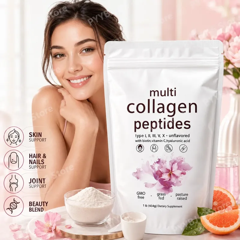 Poudre de Peptides multi-collagènes, 454g, mélange de collagène sans saveur, avec vitamine C, biotine, acide hyaluronique, Support pour la peau, les cheveux et les ongles
