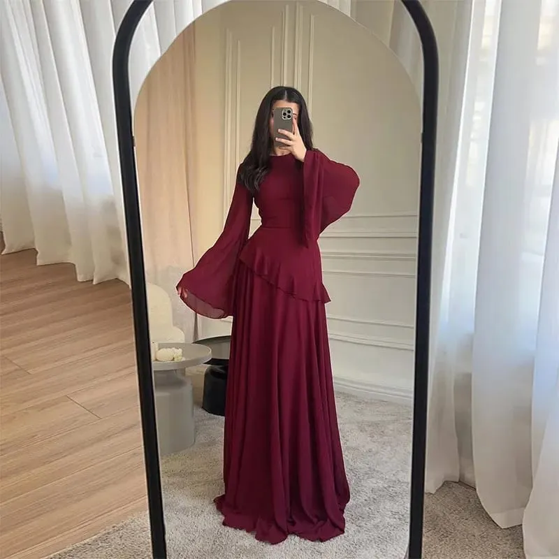 Kvinder Chiffon Solid Flæser Kjole Flare Ærmer Rundhals 2025 Ny Elegant Maxikjole Aftenfest Mode Ferie Dame