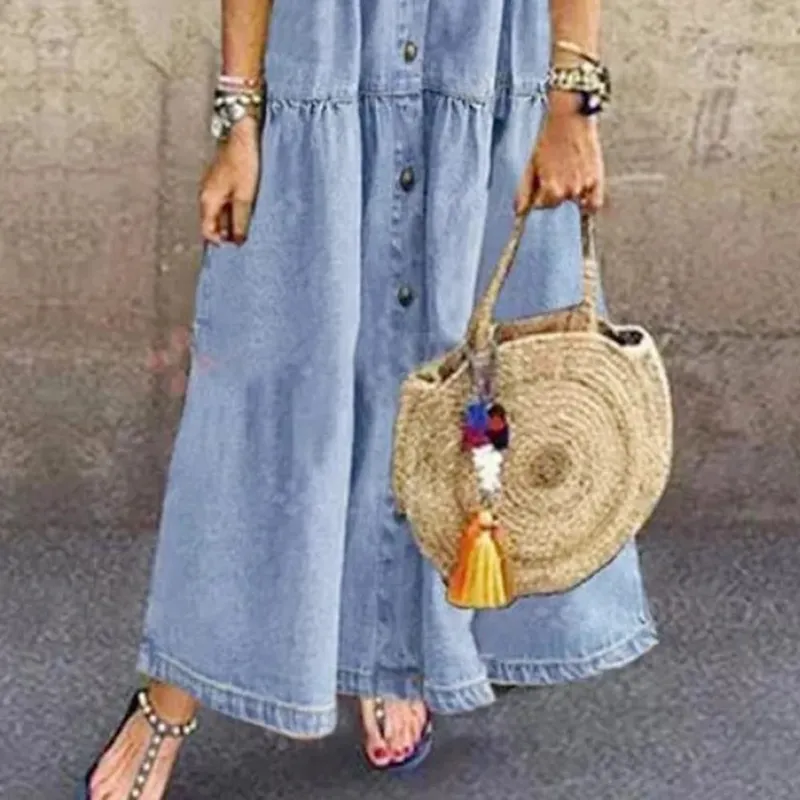 Retro Women Dresses 2022 Short Sleeve Turn Down Collar Pockets Button Long Loose Denim Dress Summer Long Dress — image 6