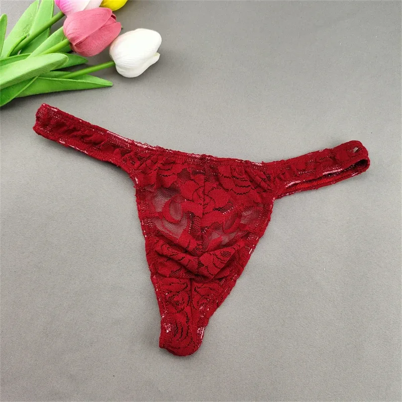 Lace Floral Sexy Men's Underwear Solid Hollow Perspective Thong Comfort Bugle Enhance Sissy G-String Gay Low Rise T-back Panties — image 23
