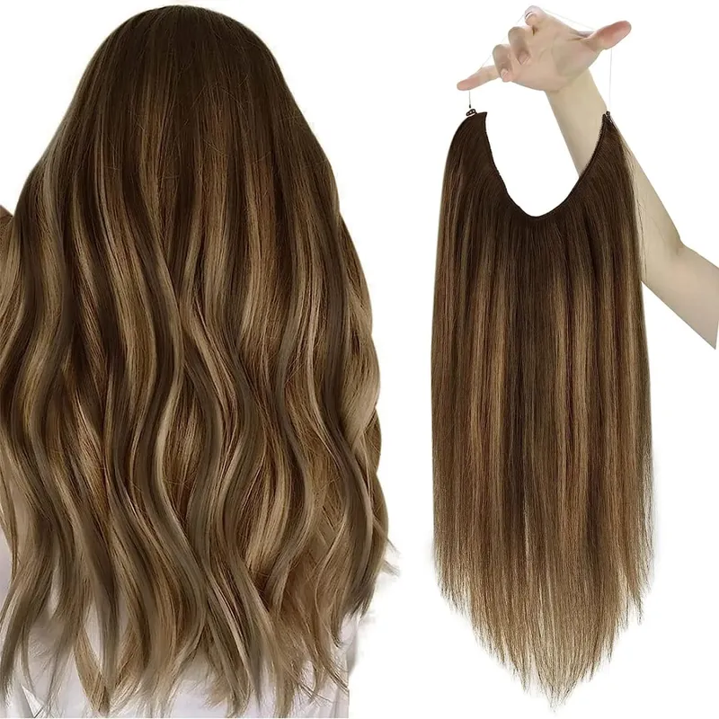 VeSunny Fish Line Human Hair Extension Remy Hair One Piece Invisible Wire Hair Weft Brazilian Hair Balayage Hair Extensions