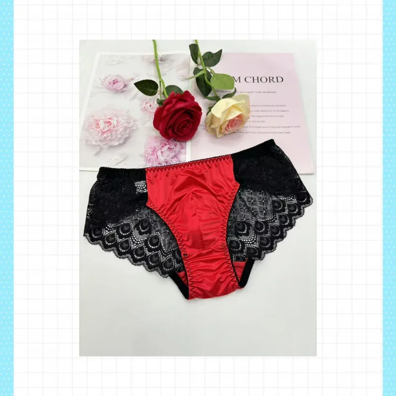 Sexy men underwear elasticity smooth underpants Transparent, breathable, Red lace Men's Briefs