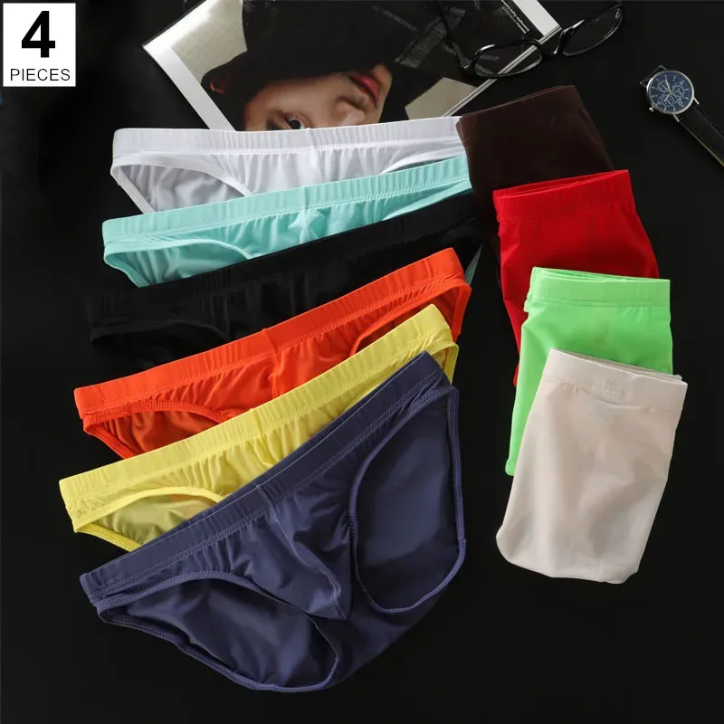 4 Pcs/pack M-4XL Ultra-thin Ice Silk Men Seamless Briefs Transparent Mens Sexy Bikini Underwear Male U Pouch Panties
