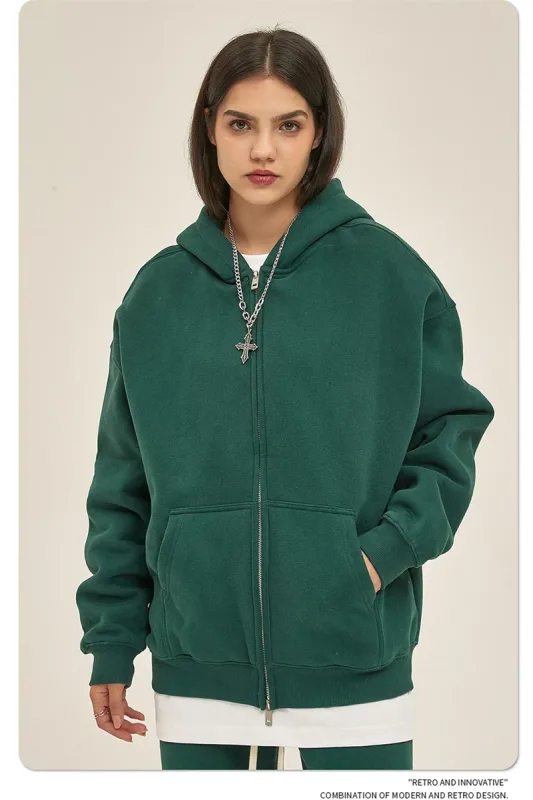 New Men Double Headed Zipper Fleece Hoodies Unisex Loose Basic Solid Warm Hooded Sweatshirts Coats For Winter HY0633
