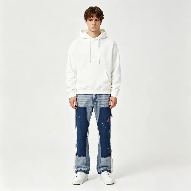 Vintage Flared Jeans for Men Y2k Streetwear Frayed Bell Bottom Baggy Hip Hop Graffiti Colorblock Slim Fit Jeans Pants Man Black