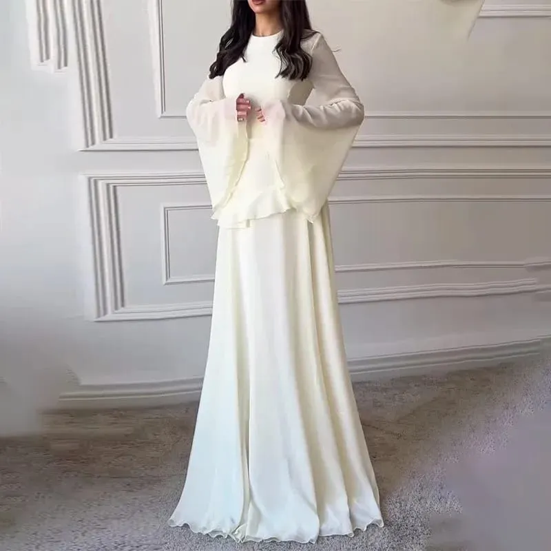 Kvinder Chiffon Solid Flæser Kjole Flare Ærmer Rundhals 2025 Ny Elegant Maxikjole Aftenfest Mode Ferie Dame