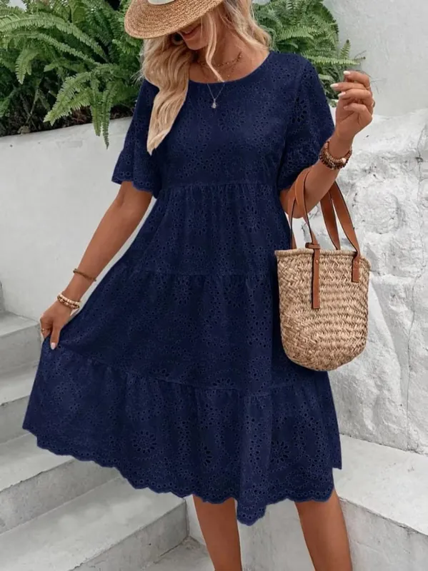 Nữ Trắng Silicon Thêu Đầm Midi Khoét Hở Boho Flowy Xù Tầng Váy Đầm Ngắn Tay Đi Biển Mùa Hè Áo — image 11