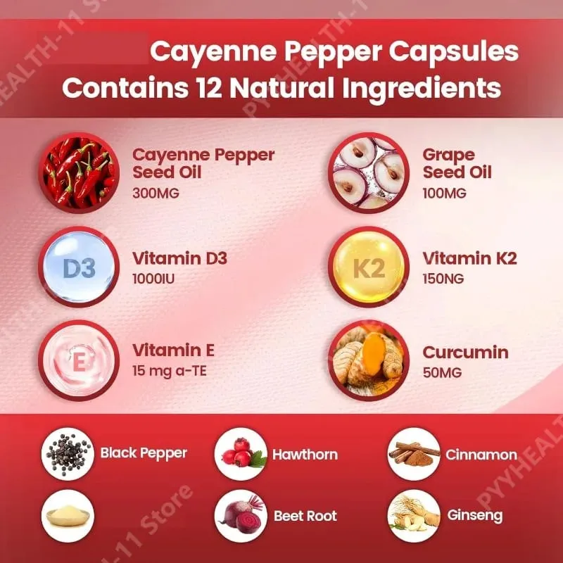 Cayenne Pepper Softgels Supplement with Grape Seed Beetroot Turmeric Vitamins D3 K2 Herbal Supports Leg Vein Blood Vessel Health