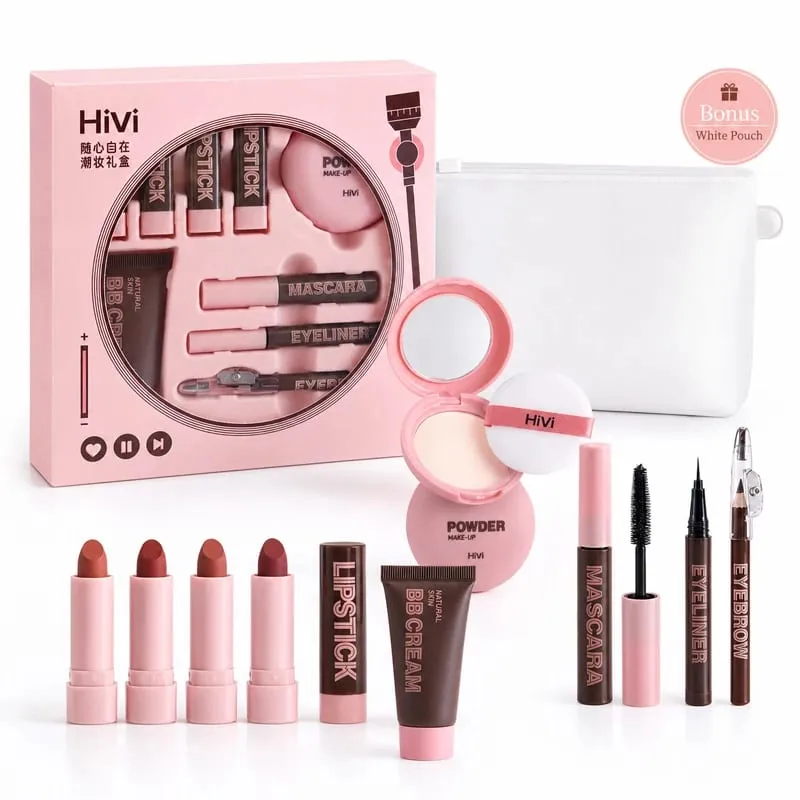 9PCS Makeup Gift Set for Women All-in-One Lipstick Mascara Eyeliner BB Cream Powder Compact Travel Beauty Kit for Beginners