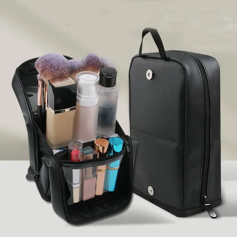 Leather Makeup Brushes Storage Bag Stand-up Makeup Brushes Organizer Bags Large Capacity Foldable Comestic Tool Bags With Zipper — image 1