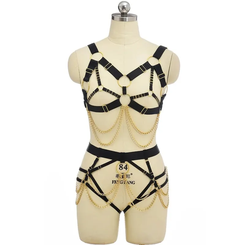 Bra Sangkar Pengekang Tubuh Elastis Gotik Set Lingerie Seksi Penyesuaian Berongga Pakaian Pertunjukan Bulu Halloween Punk Tali Kekang