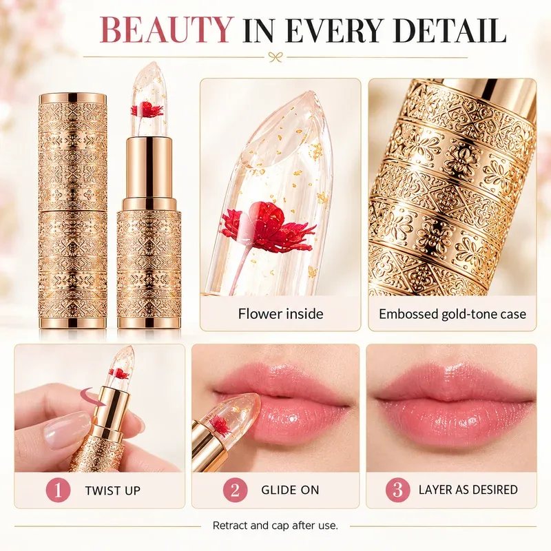 Crystal Flower Jelly Lipstick Color Changing Clear Lip Tint Glossy Pink Finish Gold Case 3 Flower Colors for Everyday Makeup