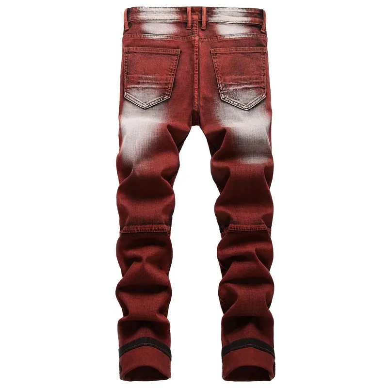 New Motorcycle Style Stretch Hole Beggar Street Tie Dye Gradient Color Personality Fashion Denim Business Stretch Men'S Jeans