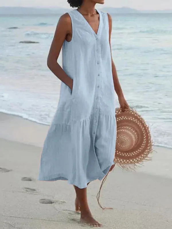 Summer Loose Casual Patchwork Cotton Linen Pocktes Dress V Neck Beach Style Dress Sleeveless Vintage Club Midi Solid Women Dress — image 6