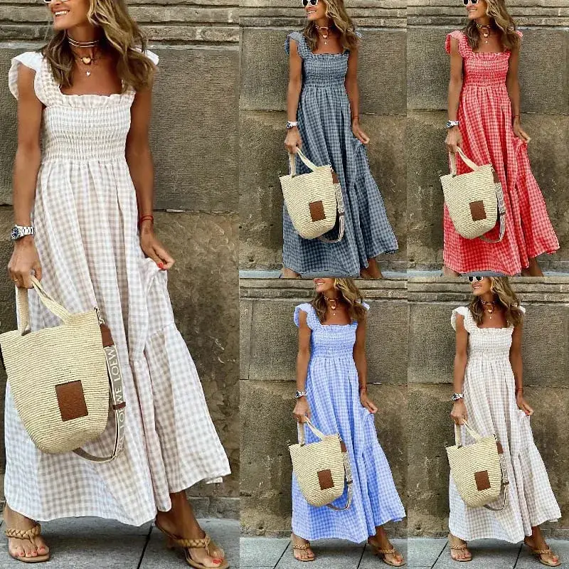 Elegant Temperament Plaid Patchwork Slip Boho Dress Summer Ruffle Backless Pleated Elastic Waist Swing Loose Party Dresses