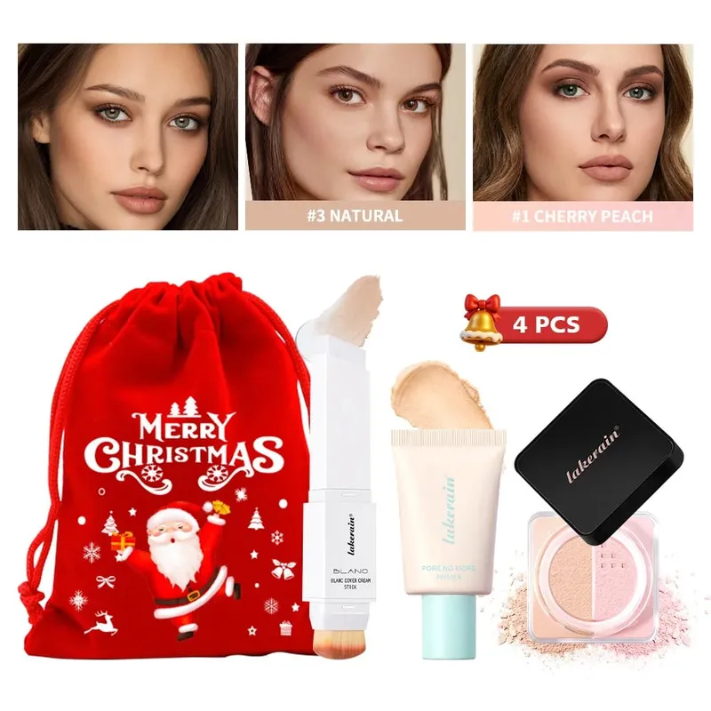4Pcs Face Makeup Set Foundation Stick Pore No More Primer Loose Setting Powder Long Lasting Matte Beginner Makeup Christmas Gift