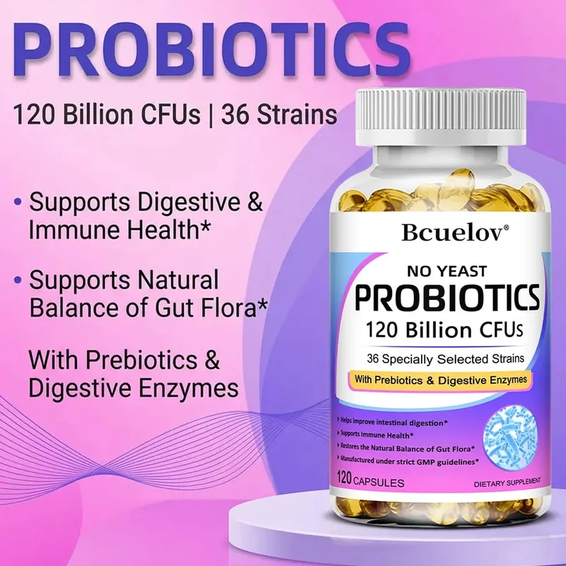Probióticos 120 mil millones de UFC con prebióticos y enzimas digestivas Apoya la digestión Flora intestinal Alivio de la hinchazón y salud inmune