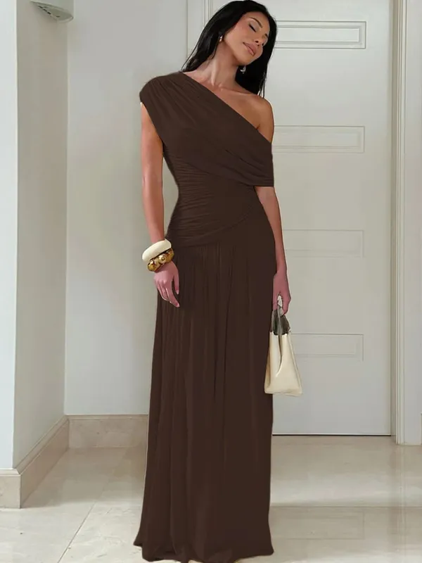 Hugcitar One Shoulder Ruched Sleeveless Solid Pleated Sexy Irregular Y2K Maxi Dress Summer Elegant Party Women Clothes Vacation