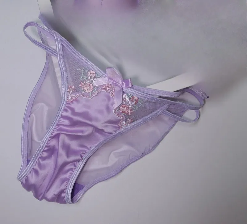 Girls French Bra Thin Triangle Cup Purple Embroidery Light Luxury Silk Sexy Pure Desire Lace Underwear Set