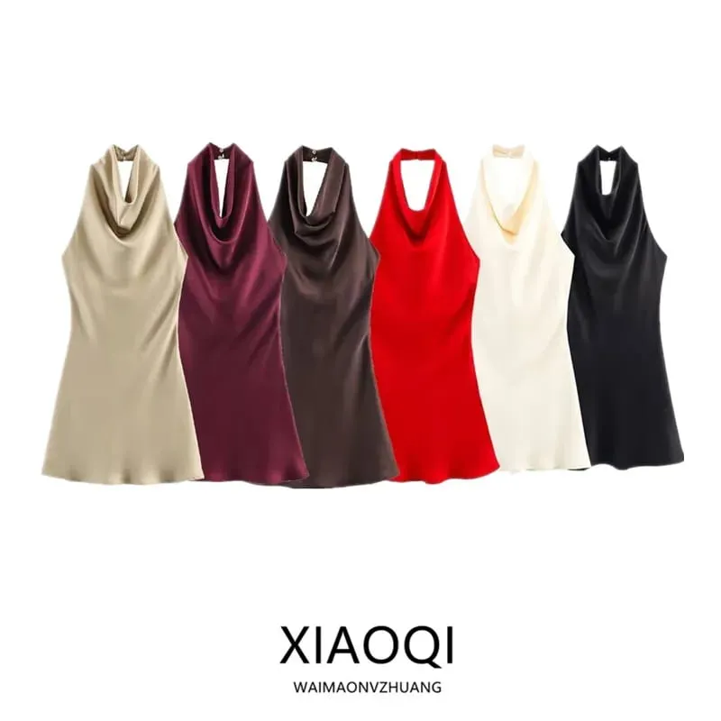 Silk Satin Texture Summer New Arrival Women's Dr Hanging Ne Collar Gown Soft A-Line Skirt High Waist Pure Color — image 1