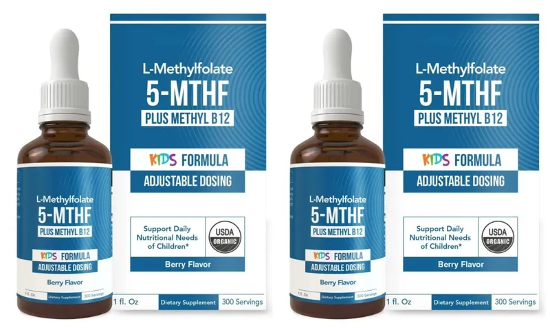 Kids L-Methylfolate 5-MTHF Liquid Drops with Methyl B12 Active Folate Support 1 Fl Oz USDA Organic Vegan Non-GMO