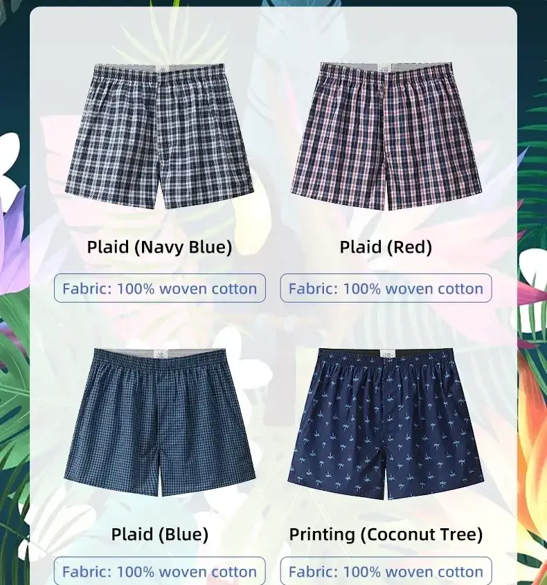 Mens Cotton Underwear Casual Boxers Plaid Elastic Waistband Boxer Shorts Button Men Boxer Underwear Comfortable Underwear S-XL