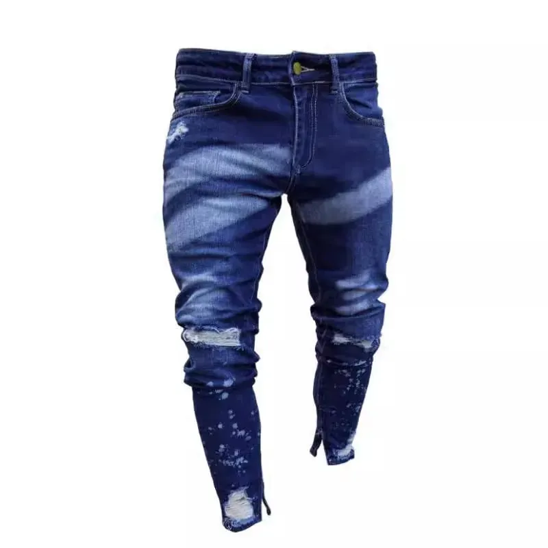Men Denim Jeans Pencil Pant Vintage Slim Fit High Waist Frayed Hole Wash Trousers Y2k Streetwear Splice Work Casual 2026 Spring