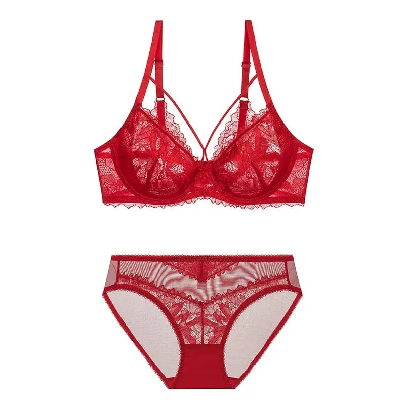 L'bellagiovanna Plus Size Minimizer Bra Set Strappy Caged Lace Lingerie Embroidery Sheer Mesh Bralette Underwire Unlined Bra B-E
