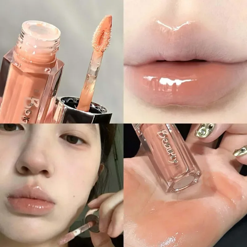 Ice Transparent Brown Lip Gloss Moisturizing Glossy Liquid Lipstick Nude Water Light Glass Mirror Lip Glaze Long-lasting Makeup
