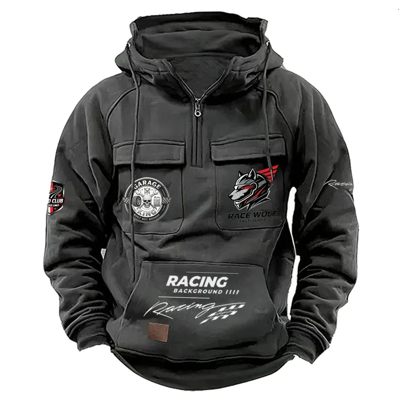 Men's Racing Suit With Large Pockets And Hooded Pullover. Men's Multi-pocket Outdoor Camping Hiking Sports Casual Jacket. — image 6