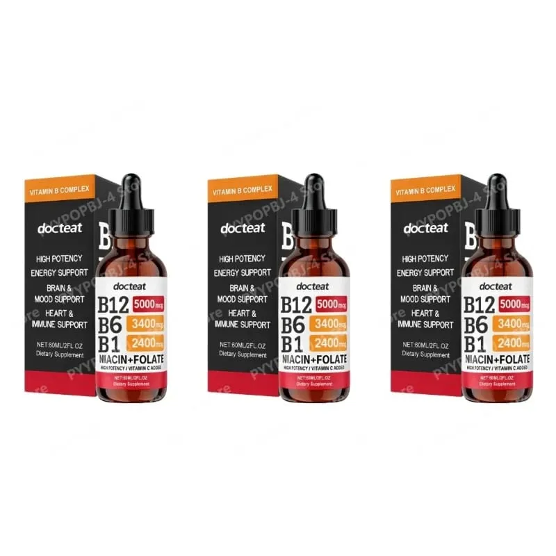 Docteat B Complex Drops 60ml High Potency B12 5000mcg Methylcobalamin Energy Brain Mood Heart Immune Support Non GMO Vegan