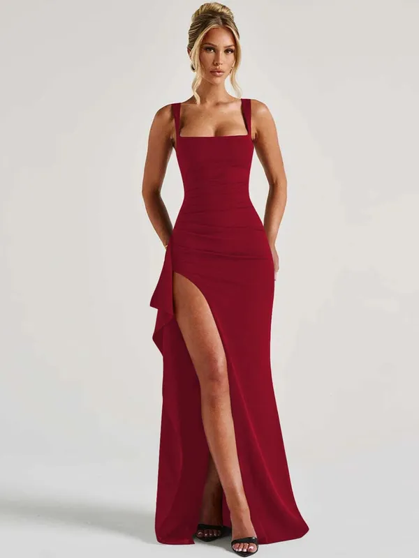 Hugcitar Women Elegant Solid Straps Slit Ruched Patchwork Sexy Bodycon Maxi Dress Summer Outfits Evening Party Birthday Festival