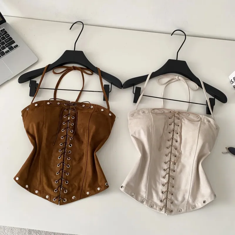 Sexy Bandage Halter Solid Tanks Top Vintage Corset Bustier Korean Autumn Camis Women Party Spice Girl Crop Top