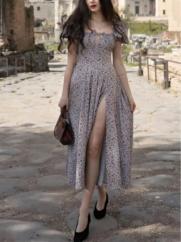NewAsia Floral Print Dress Sweet Square Neck Puff Sleeve Side Spilt Drawstring Maxi Dresses for Women Party Chic Casual Outfits — image 13