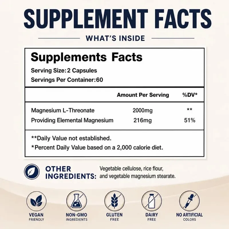 Magnesium L-Threonate 2000mg 120 Vegan Capsules - Brain Health Supplement - Energy Focus Immune Support Non-GMO GMP Dietary
