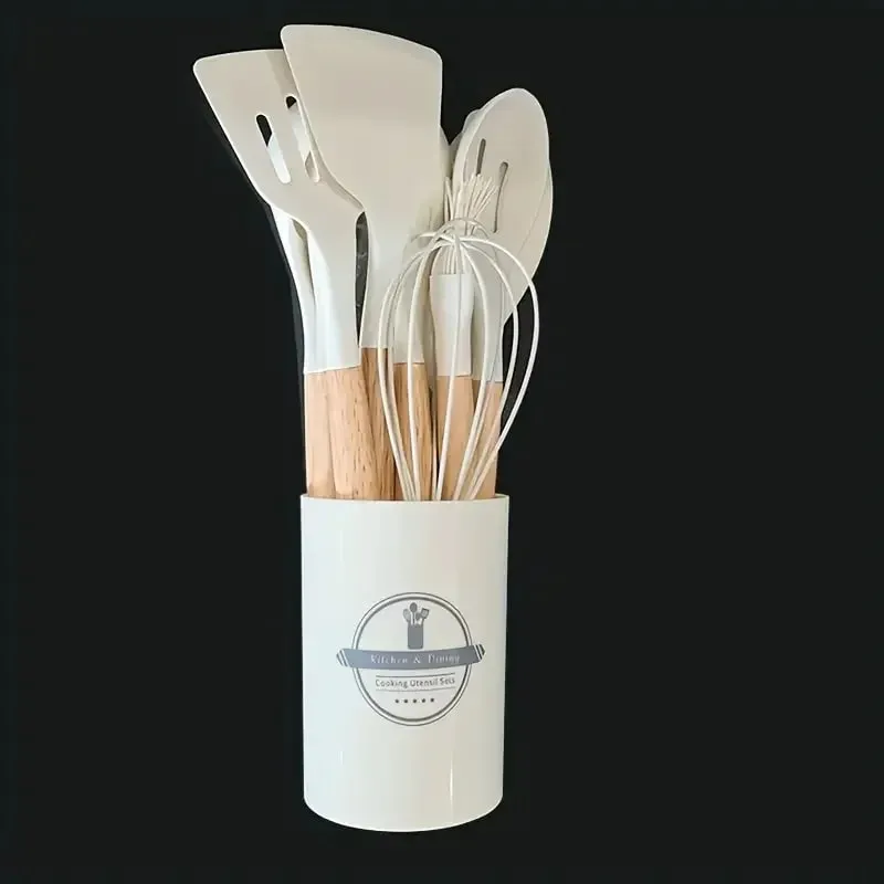 12pcs Set of Multi-color Silicone Wooden Handle Kitchenware Set Non Stick Pot Spatula and Spoon Cooking Utensils Heat-resistant