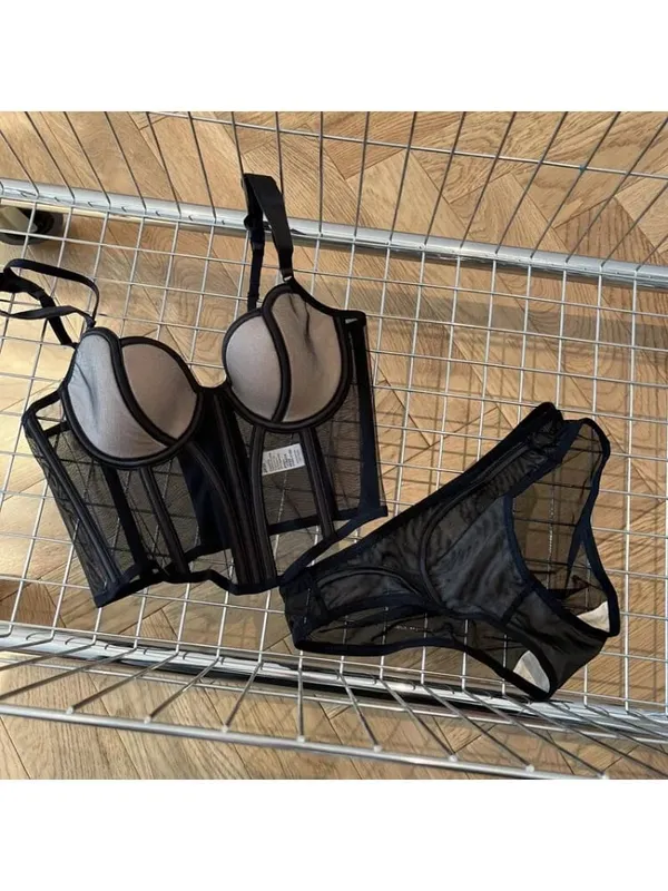 French Long Fishbone Mesh Patchwork Bra Set Slim Shaping Chest Lift Up Sexy Lingerie Outfit Soft Comfortable Underwear S-XL Suit — image 4