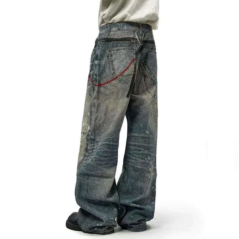 Niche Design Men's Denim Pants Chain Printing Contrast Color Splash-ink Casual Wide Leg Vintage Loose Male Jeans 9W4170