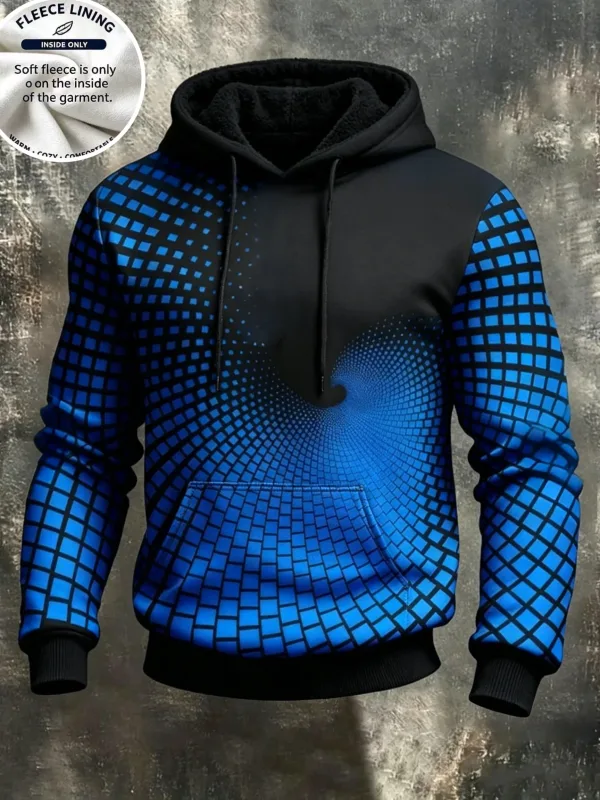 3D Print Fleece Hoodie Blue Spiral Grid Optical Illusion Pullover Long Sleeve Kangaroo Pocket Casual Sweatshirt Tops
