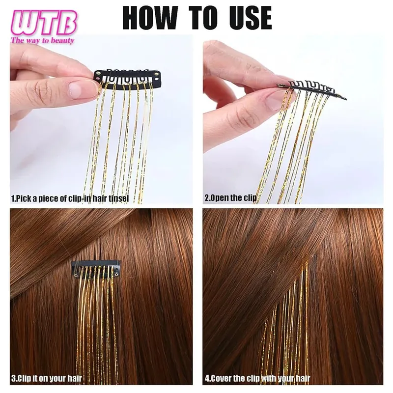12Pcs Clip in Hair 20 Inch Synthetic Colorful Glitter Tinsel Hair Extension Fashion Party Christmas New Year Gift for Women Hair