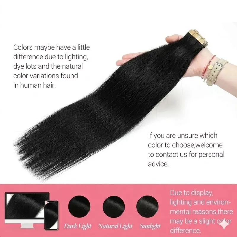 Tape In Real Human Hair Extensions Straight 18 24 Inch 1B Natural Black 50g/pack Color Invisible Seamless Skin PU Weft Tape Ins Extension For Women