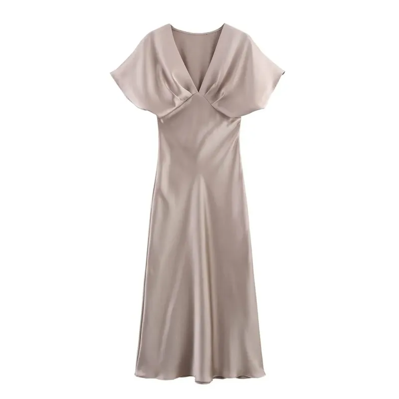 HH Women Elegant Solid Satin Dress Sexy V Neck Short Sleeve Midi Dress 2025 New Fashion Summer Lady Holidays Party Dress