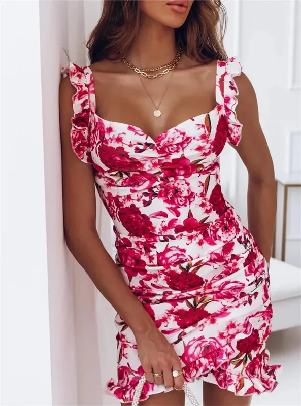 Sexy Dresses for Women Date Night - V-Neck Sleeveless Ruffle Floral Printed Sundress Casual Bodycon Dress — image 2