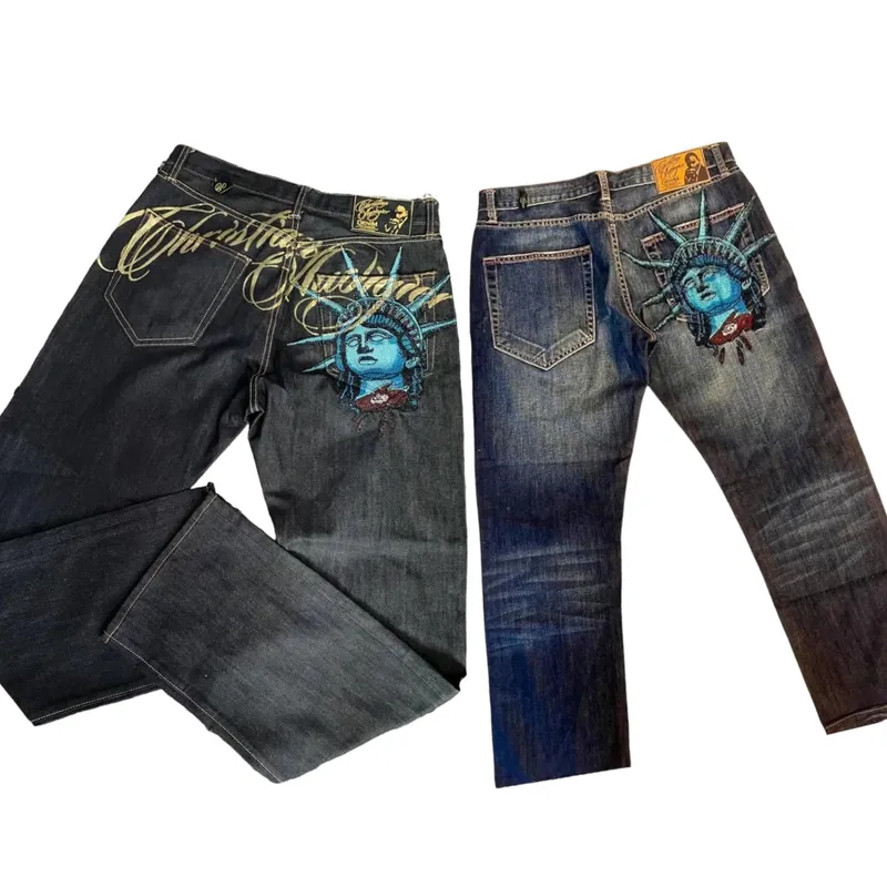 Harajuku Y2k Diamonds Wide Leg Jeans 2000s Casual Denim Pants High Waist Straight Jeans Vintage Statue of liberty Men Clothing