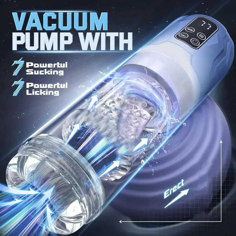 LCD Automatic Sucking Male Masturbator Penis Pump Water SPA Real Pocket Pussy Stroker Thrusting Rotating Licking Sex Toy for Men