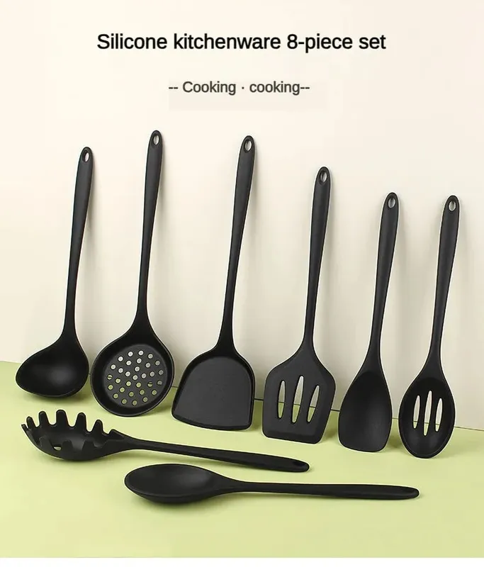 8ps Household black Silicone kitchenware 8-piece set of Chinese spaghetti spoon salad spaghetti spaghetti spaghetti，Rice spoon，