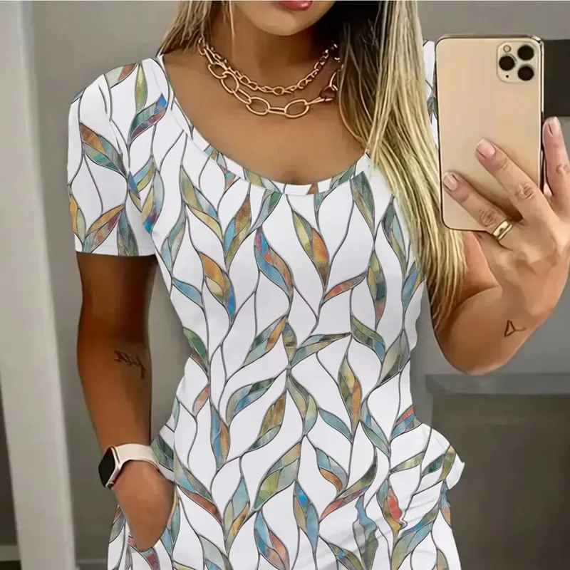 Elegant Casual round Neck Solid Color Leaf Pattern Pocket Short Sleeve Mini Skirt Long Dress Comfortable Fashion Women's Dress — image 3