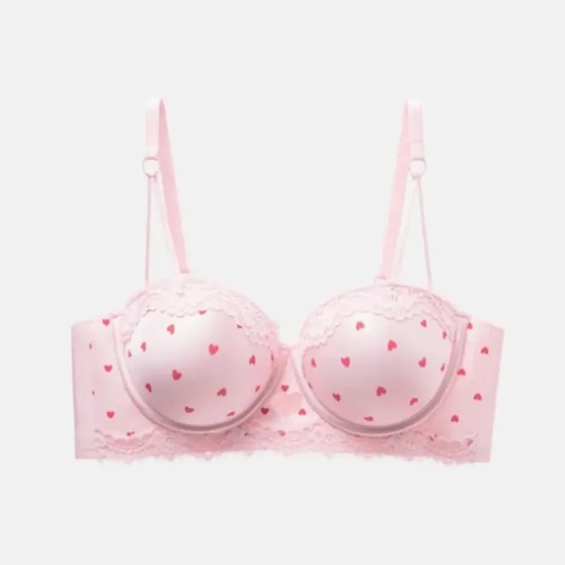 Set reggiseno in pizzo a cuore per ragazze dolci Lingerie push up sexy per seno piccolo Intimo con supporto laterale anti-cedimento 32‑38AB Set reggiseno