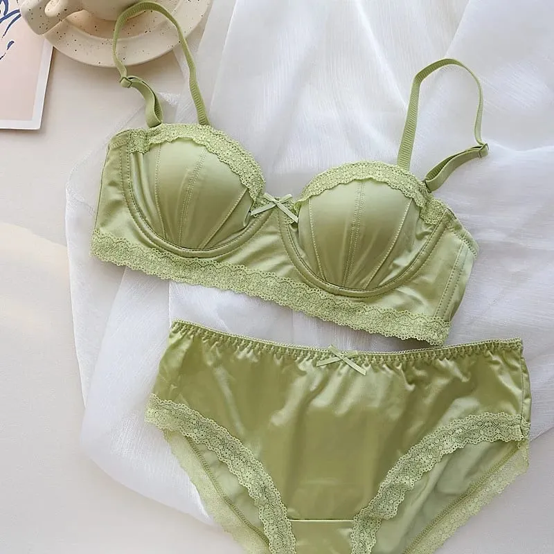 French girly underwire push-up bra Sweet lace edge half cup lingerie women's thin cup with anti-sagging bra set